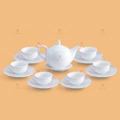 Bộ trà Mẫu Đơn men trắng in logo