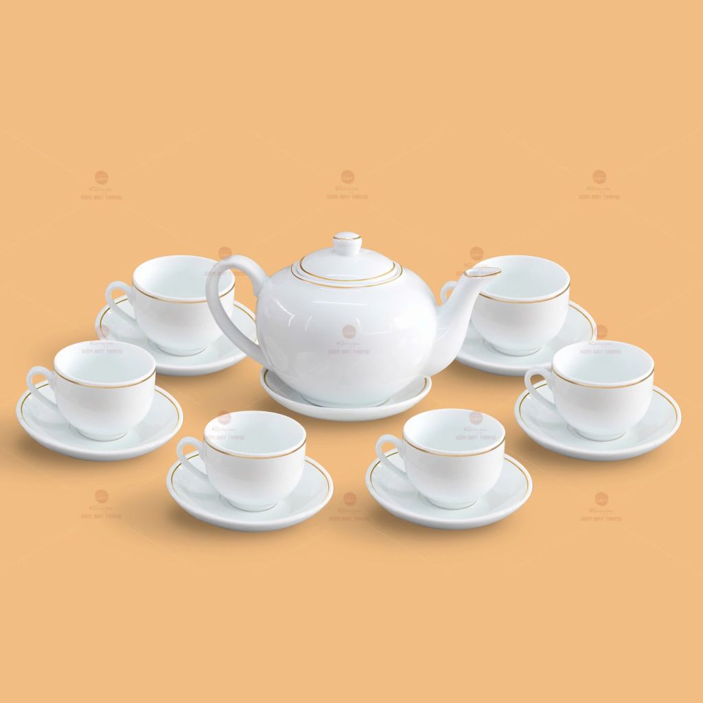 Bộ trà quai lượn men trắng in logo