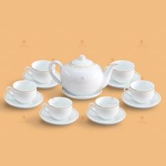 Bộ trà quai lượn men trắng in logo