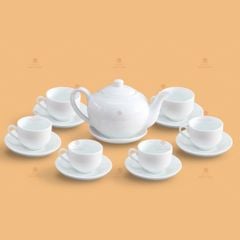 Bộ trà quai lượn men trắng in logo