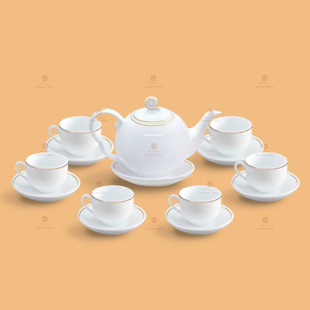 Bộ trà xoắn ốc men trắng in logo