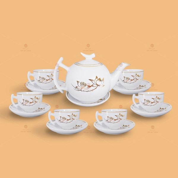 Bộ trà Bưởi cành sen vàng kẻ chỉ vàng - Mẫu 01