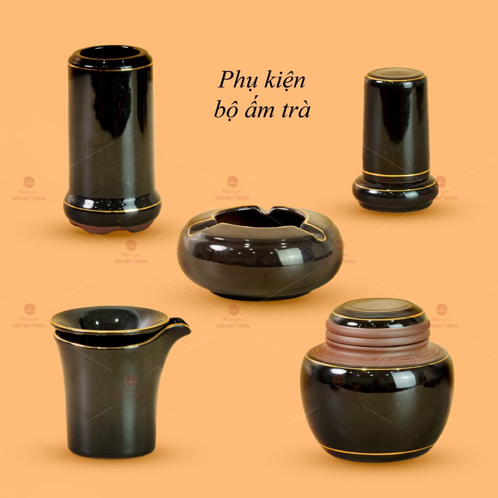 Bộ Ấm Chén Búp Sen Nâu Kẻ Vàng