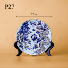 Mâm Bồng Long Phụng Trình Tường Men Lam Nổi Vẽ Vàng Kim