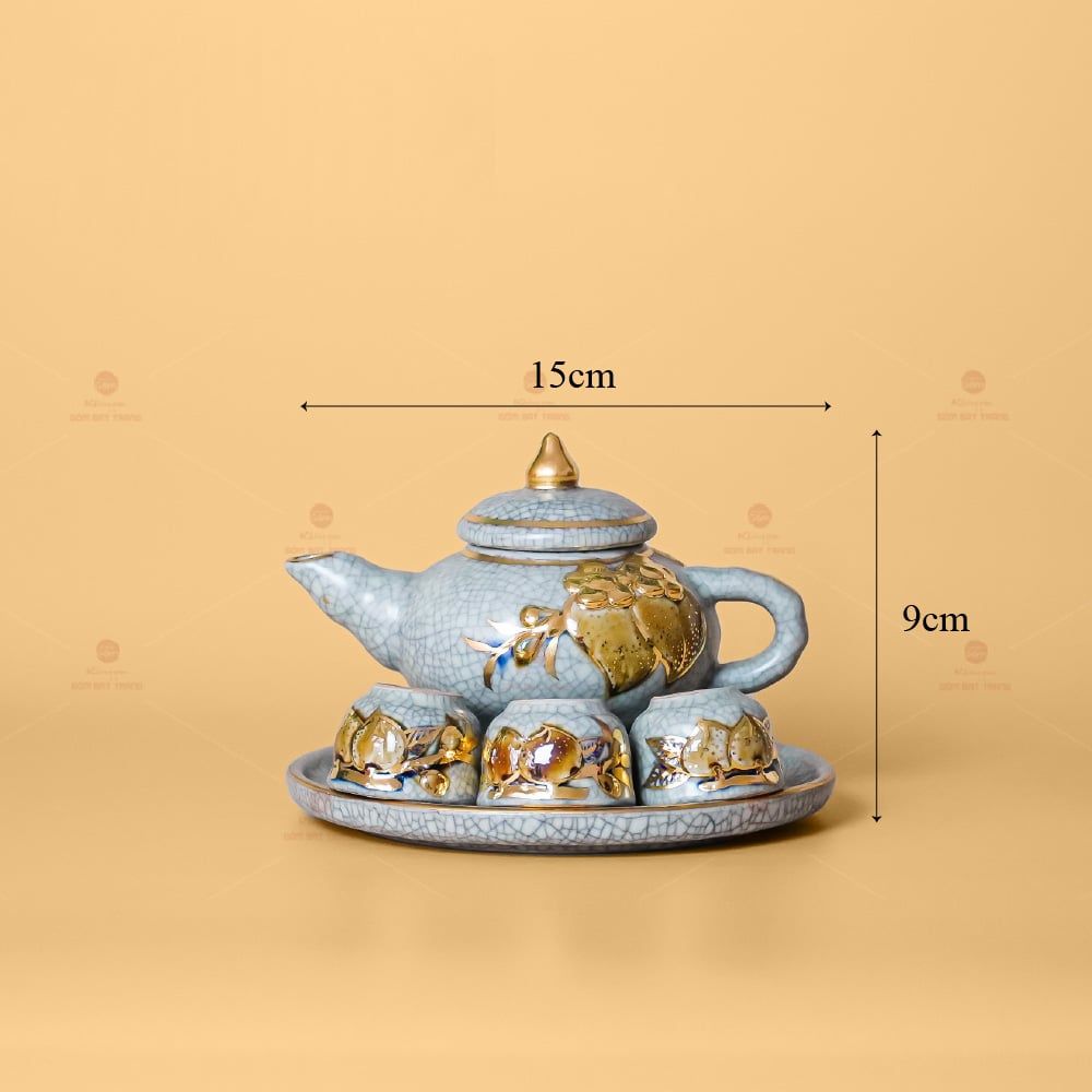Bộ Ấm Chén Thờ Men Rạn Vẽ Vàng