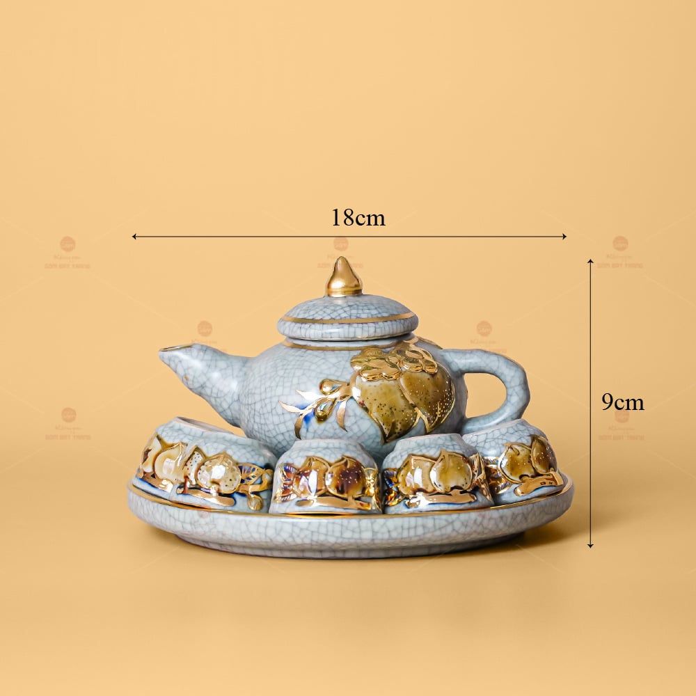 Bộ Ấm Chén Thờ Men Rạn Vẽ Vàng