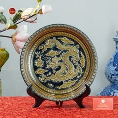 Đĩa Trưng Bày Đắp Nổi Vẽ Màu Nền Xanh Đen Long Cuốn Thủy