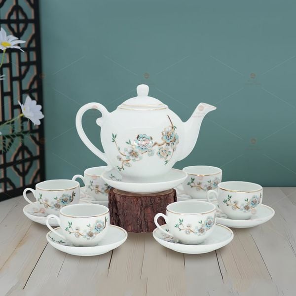 Bộ trà Camelia đào xanh kẻ chỉ vàng