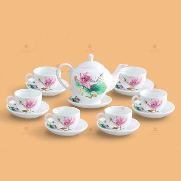 Bộ trà Camelia sen hồng kẻ chỉ vàng
