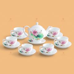 Bộ trà Camelia sen hồng kẻ chỉ vàng