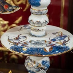 Đôi Chân Nến Thờ Men Lam Vẽ Vàng Hoạ Tiết Hoa Sen
