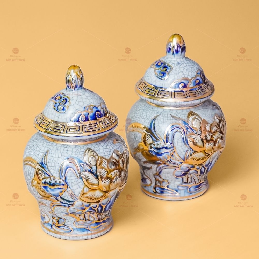Chóe Thờ Men Rạn Vẽ Vàng Họa Tiết Hoa Sen