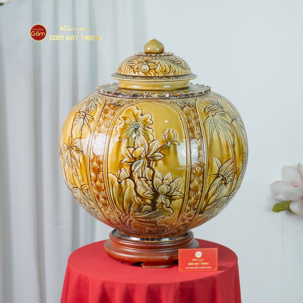 Chum Ngâm Rượu Men Hoàng Thổ Họa Tiết Hoa Sen Trúc