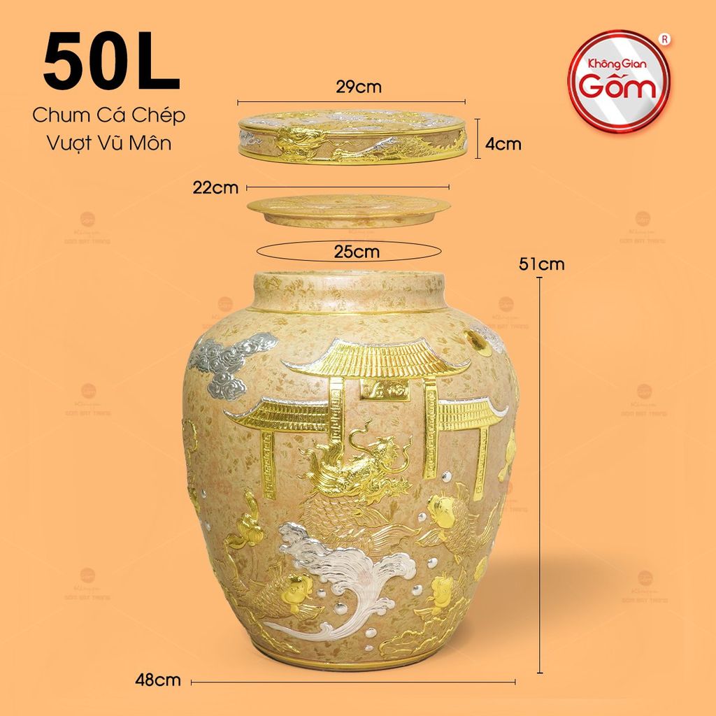 Chum Sành Cá Chép Vượt Vũ Môn Kim Sa Chạm Nổi Dát Vàng