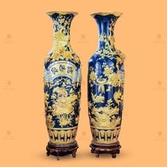 Lộc Bình Phúc Lộc Thọ Men Xanh Coban Đắp Nổi Dát Vàng