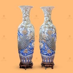Lộc Bình Công Đào Men Rạn Họa Tiết Đắp Nổi