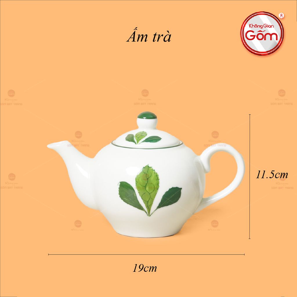 Bộ Ấm Chén Tròn Men Kem Vẽ Ngò Gai