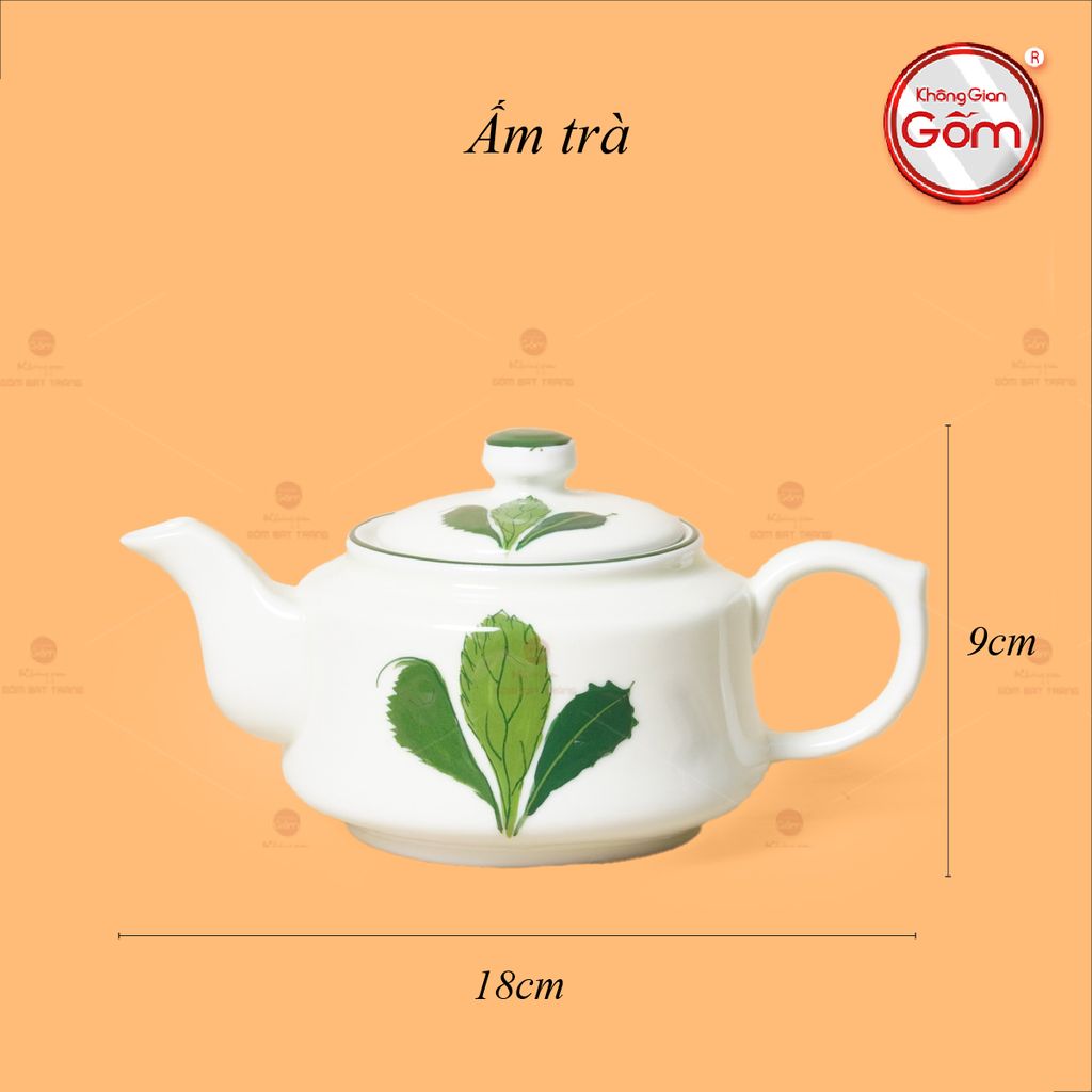 Bộ Ấm Chén Vai Vuông Men Kem Vẽ Ngò Gai