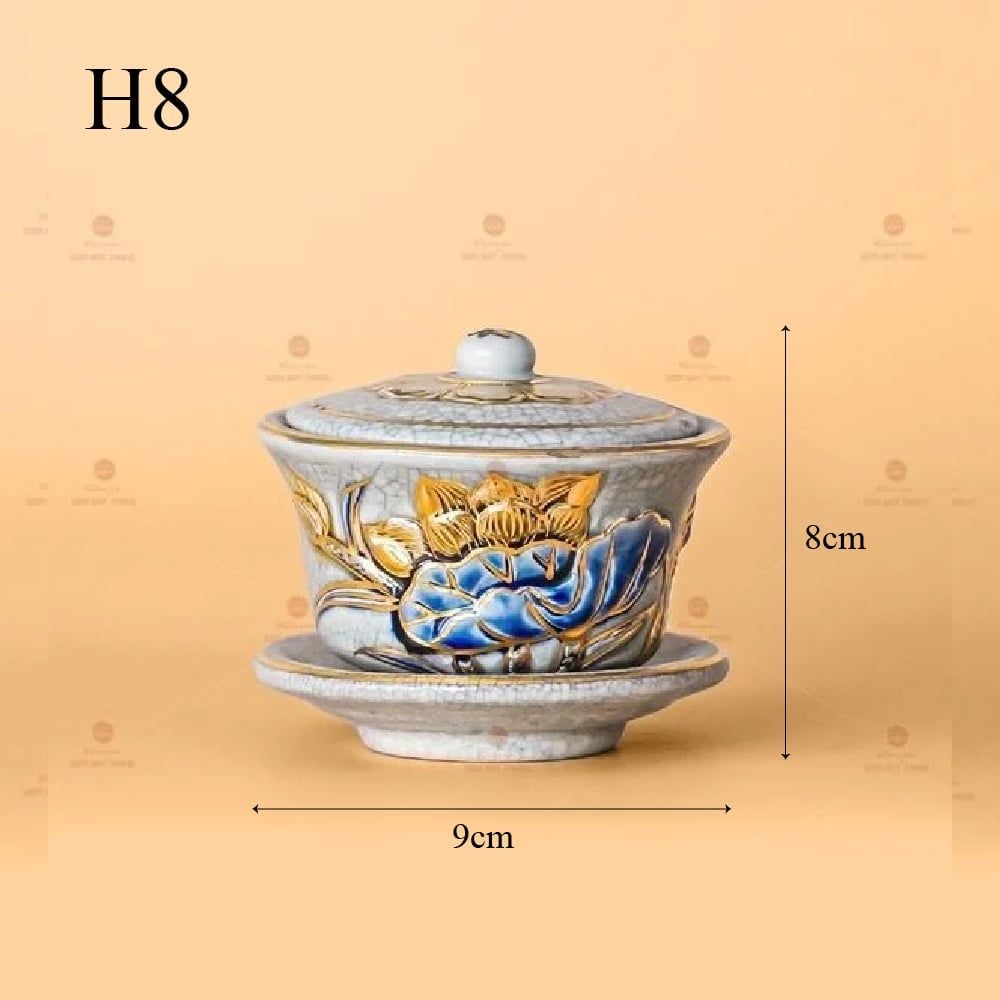 Bát Sâm Thờ Men Rạn Vẽ Vàng Hoạ Tiết Hoa Sen