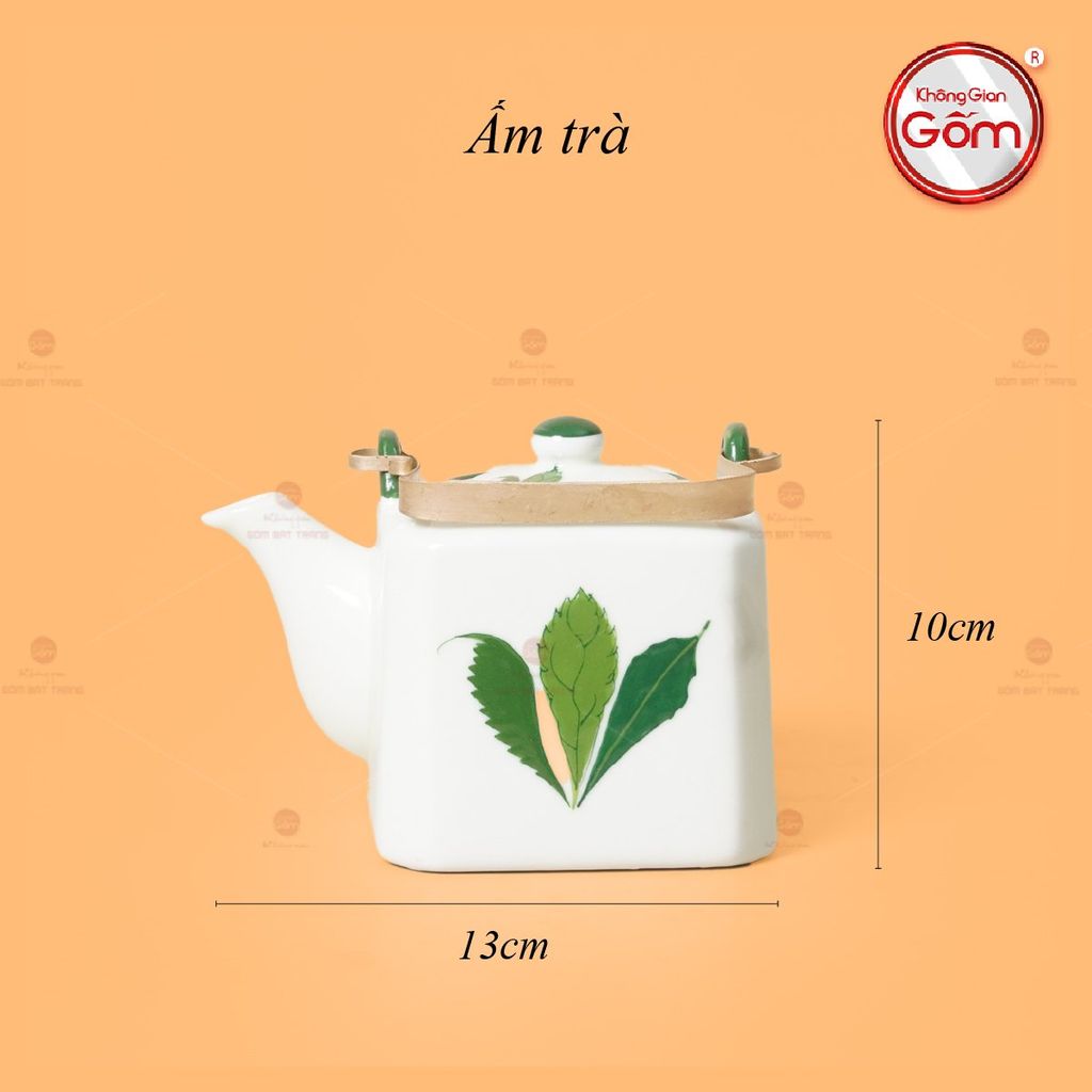 Bộ Ấm Chén Vuông Quai Đồng Vẽ Ngò Gai