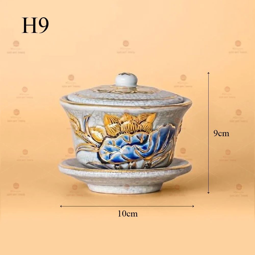 Bát Sâm Thờ Men Rạn Vẽ Vàng Hoạ Tiết Hoa Sen