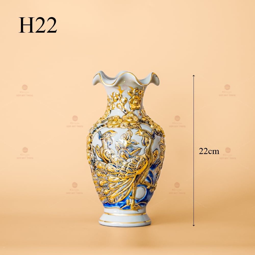 Lọ Hoa Miệng Lượn Men Hoàng Tộc Vẽ Vàng Họa Tiết Công Đào