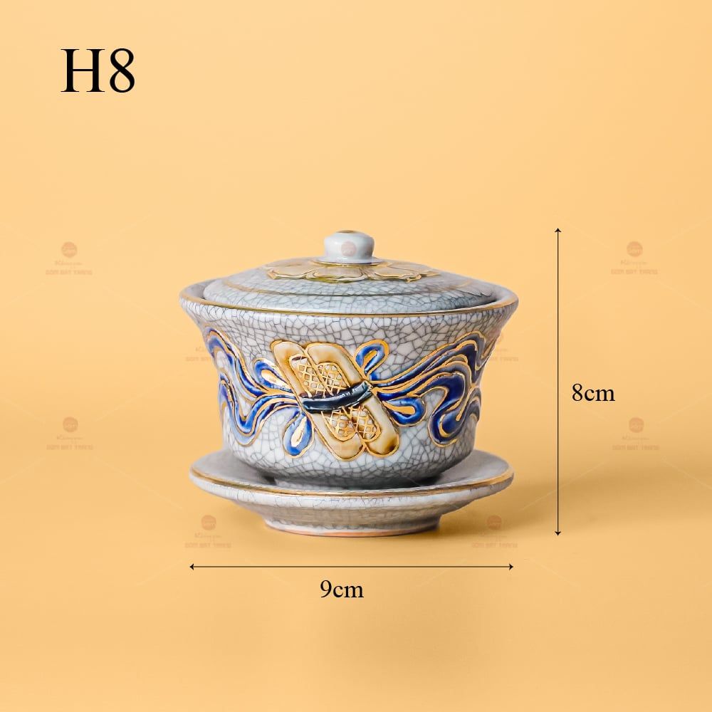 Bát Sâm Thờ Men Rạn Vẽ Vàng Hoạ Tiết Cuốn Thư