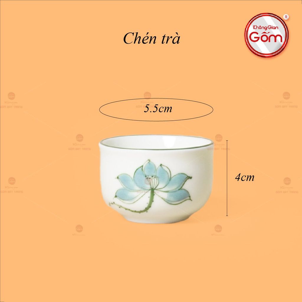 Bộ Ấm Chén Vai Vuông Men Kem Vẽ Sen Xanh
