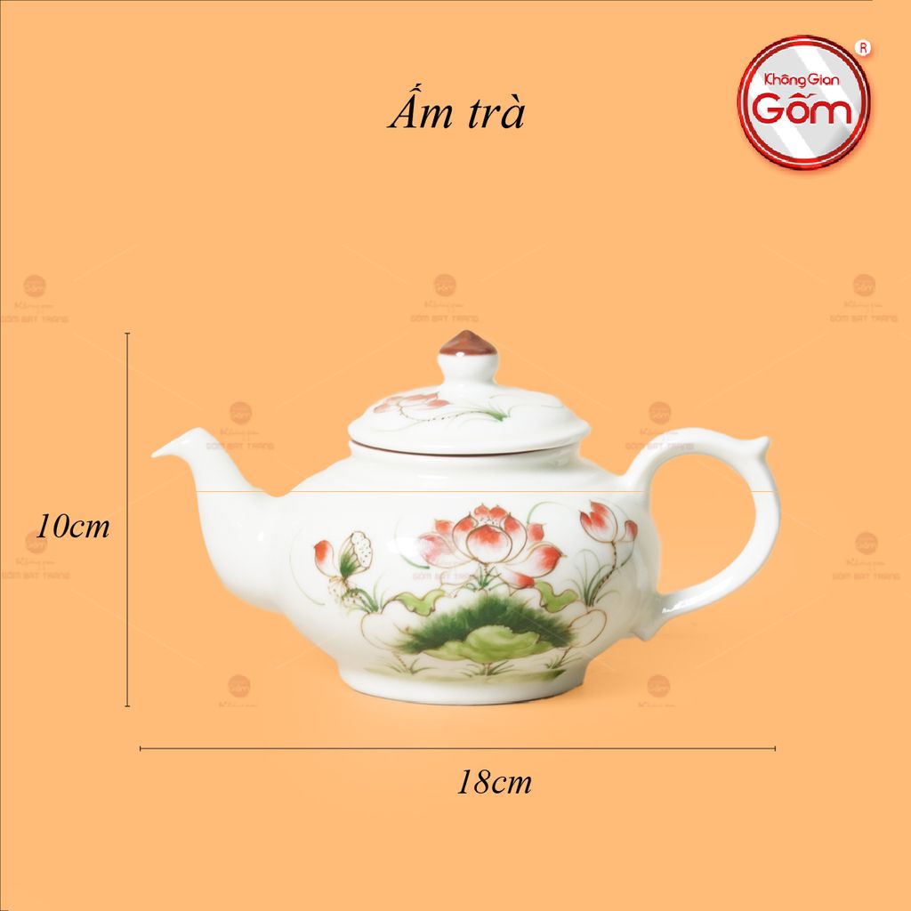 Bộ Ấm Chén Thiên Nga Men Kem Sen Đỏ