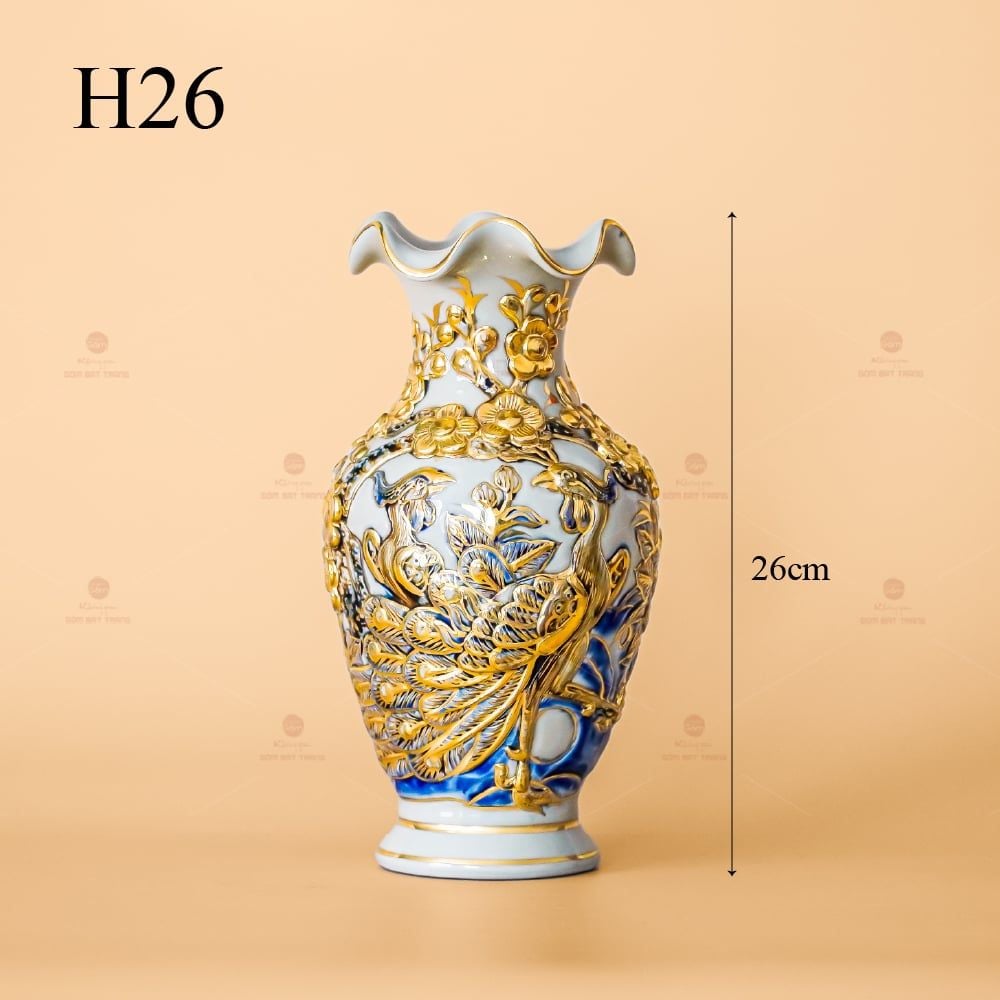 Lọ Hoa Miệng Lượn Men Hoàng Tộc Vẽ Vàng Họa Tiết Công Đào