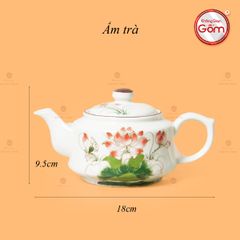 Bộ Ấm Chén Vai Vuông Men Kem Vẽ Sen Đỏ