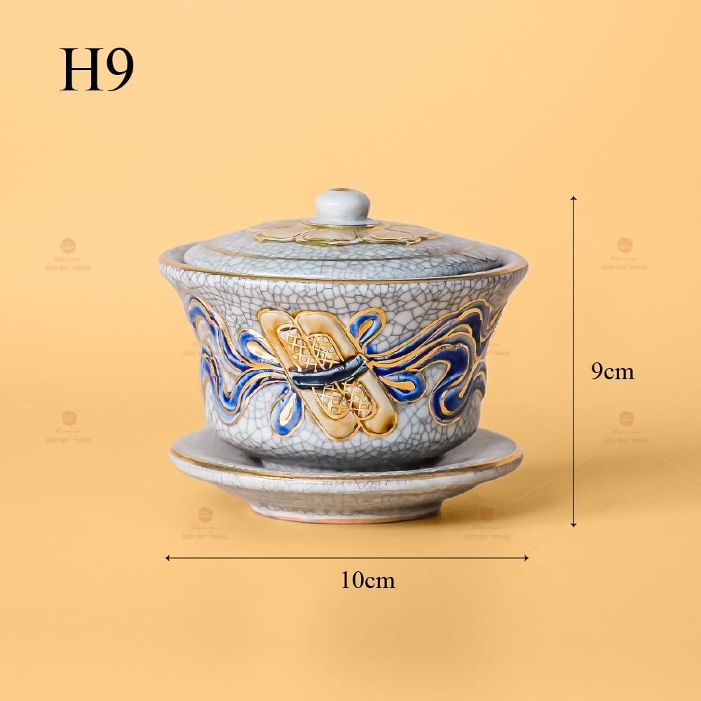 Bát Sâm Thờ Men Rạn Vẽ Vàng Hoạ Tiết Cuốn Thư