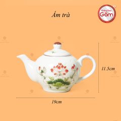 Bộ Ấm Chén Tròn Men Kem Vẽ Sen Đỏ