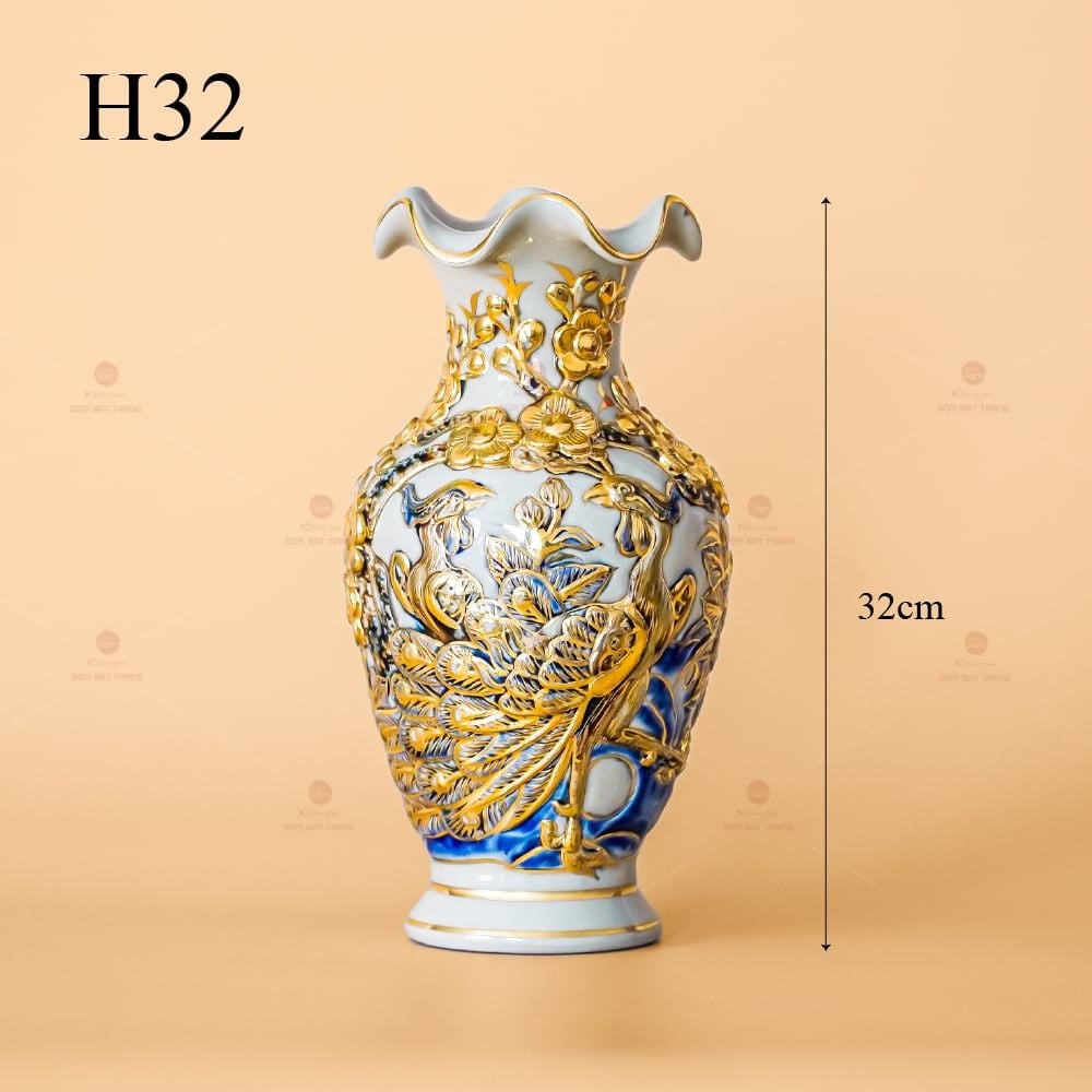 Lọ Hoa Miệng Lượn Men Hoàng Tộc Vẽ Vàng Họa Tiết Công Đào