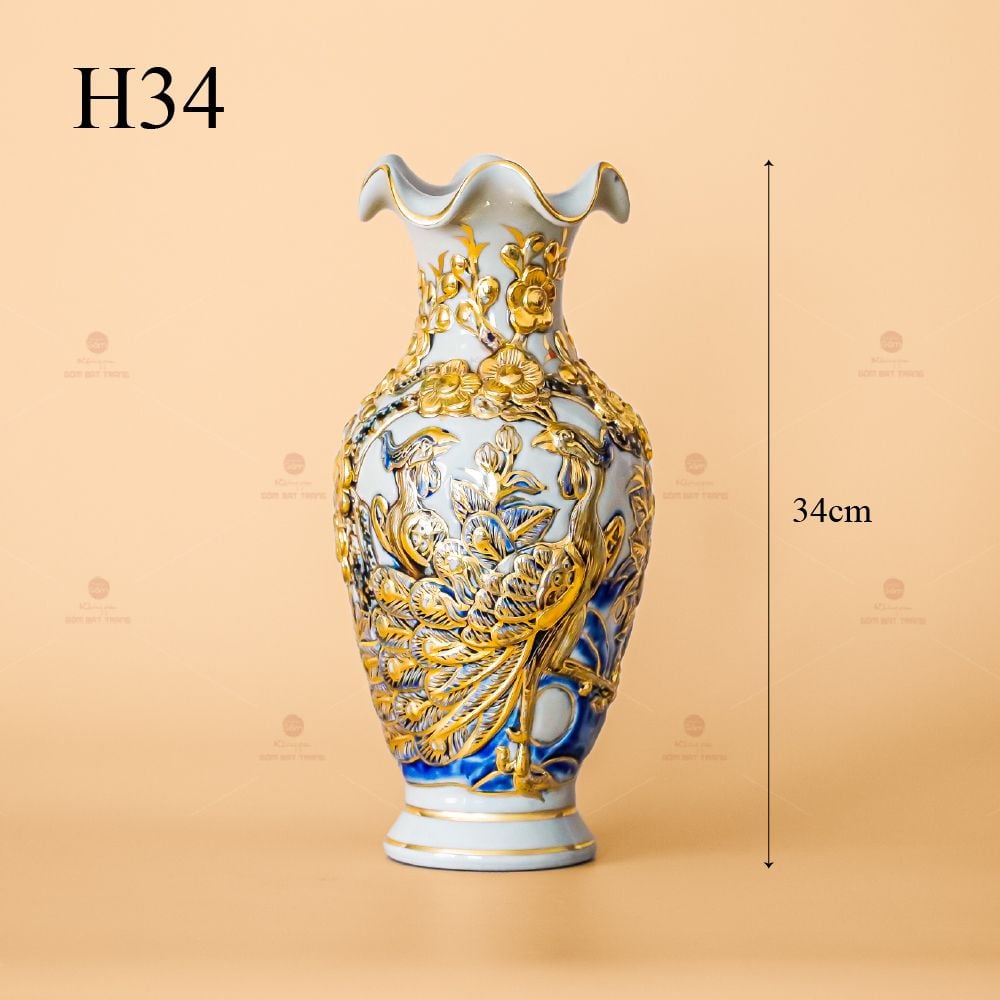 Lọ Hoa Miệng Lượn Men Hoàng Tộc Vẽ Vàng Họa Tiết Công Đào