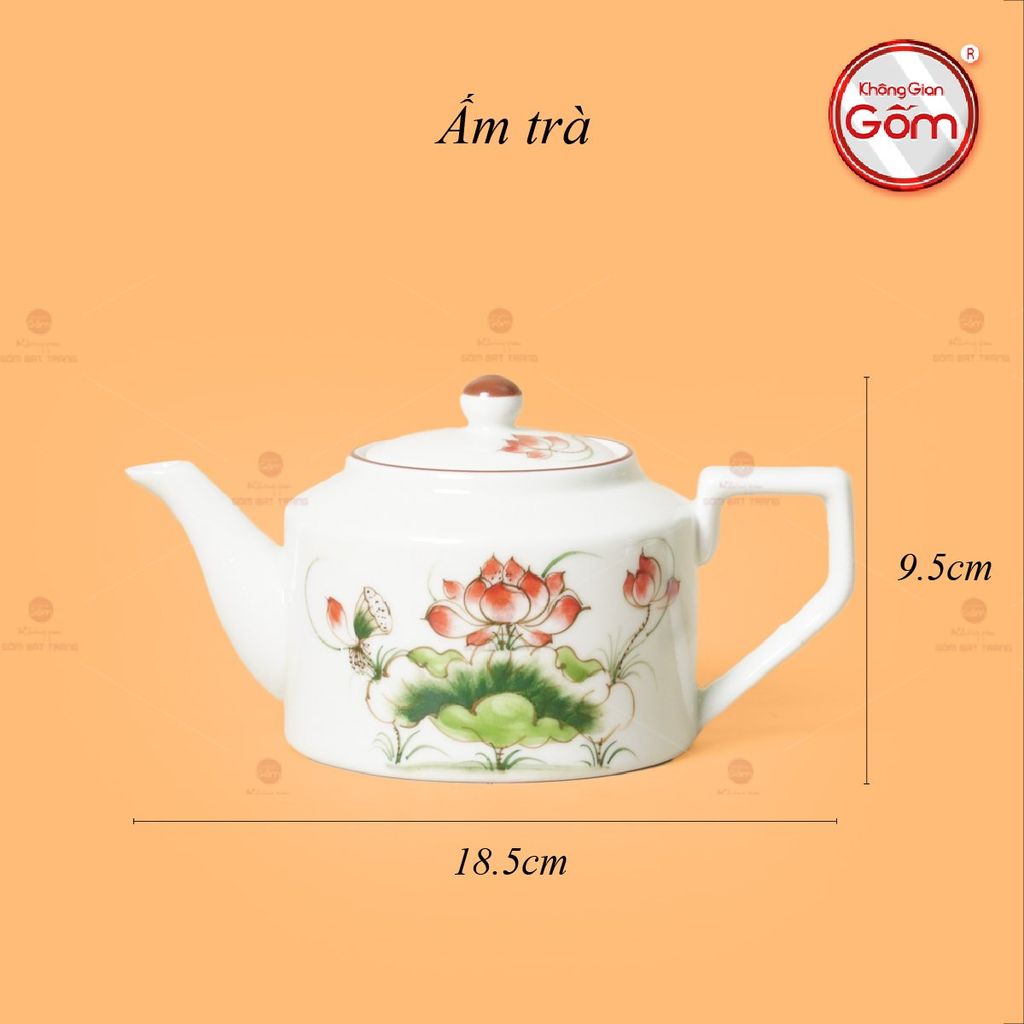 Bộ Ấm Chén Vai Cao Men Kem Vẽ Sen Đỏ