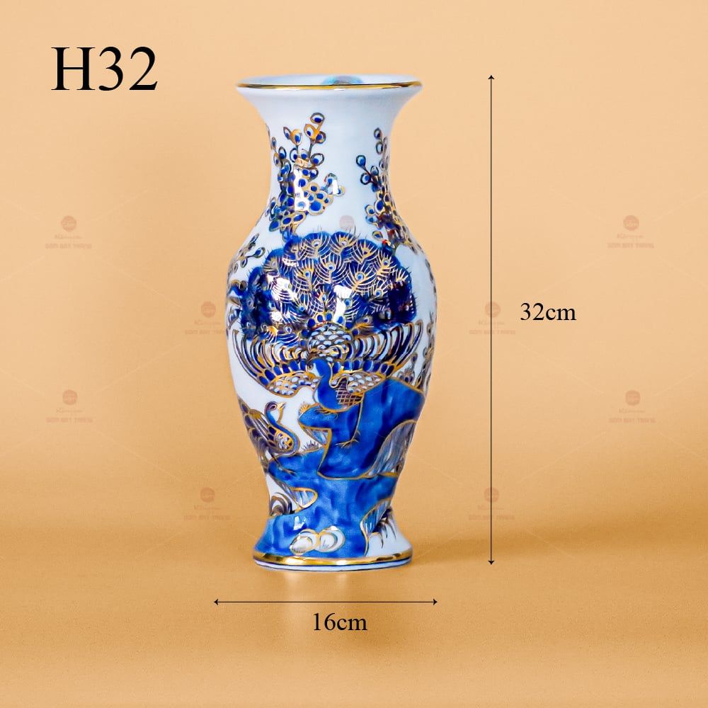 Lọ Hoa Thờ Khổng Tước Men Lam Vẽ Vàng Kim
