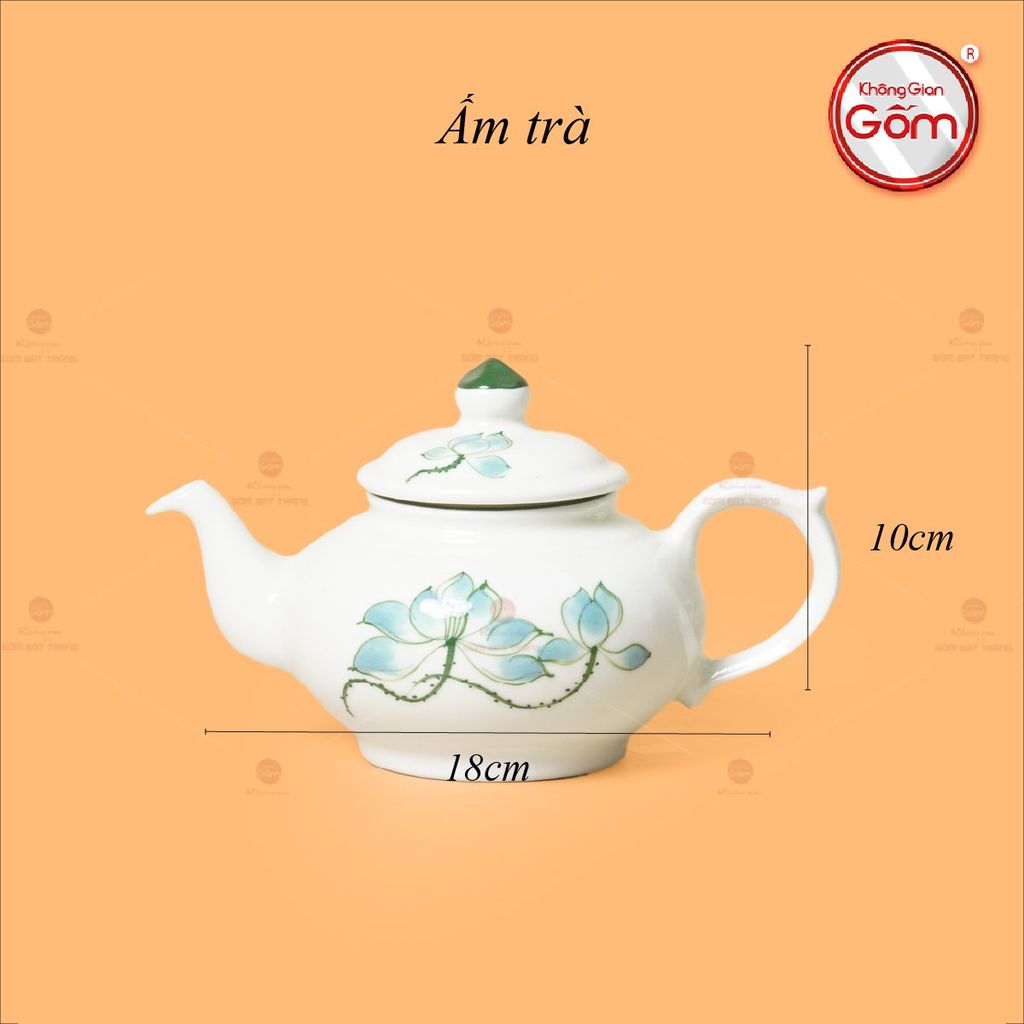 Bộ Ấm Chén Thiên Nga Men Kem Sen Xanh