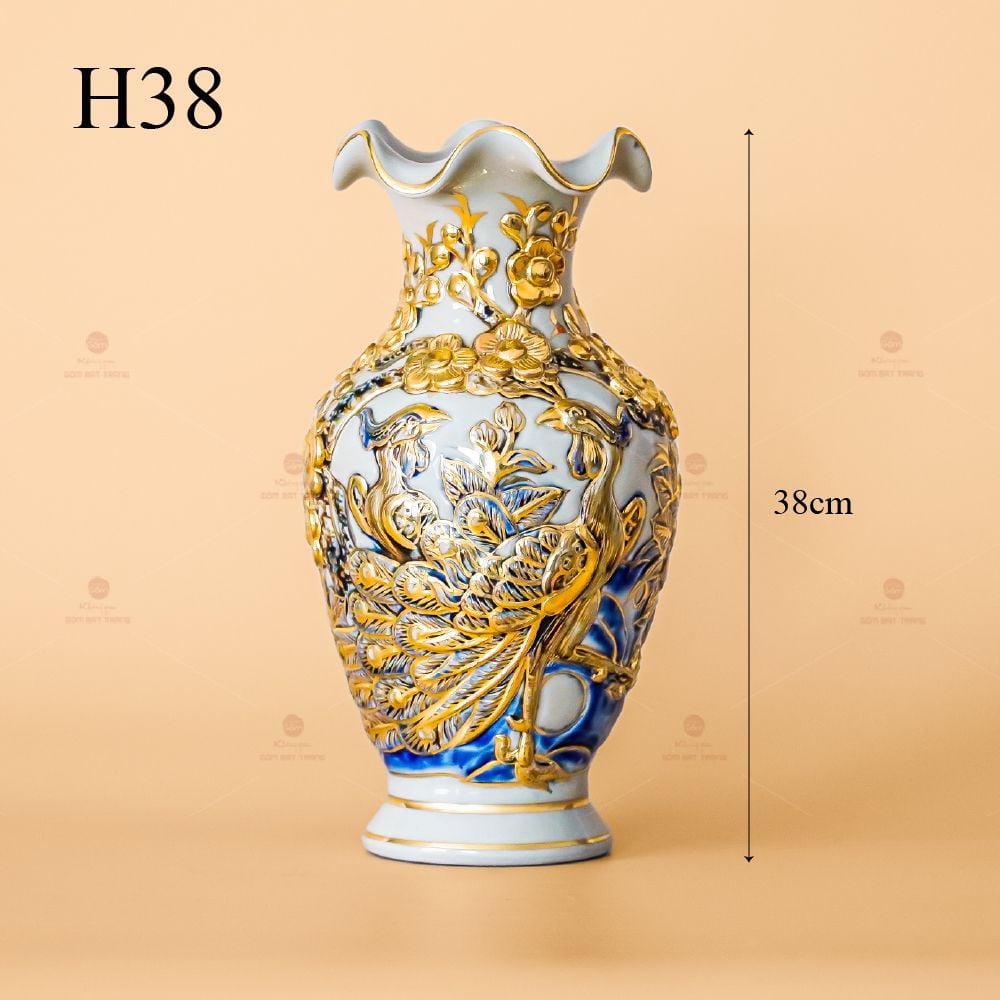 Lọ Hoa Miệng Lượn Men Hoàng Tộc Vẽ Vàng Họa Tiết Công Đào