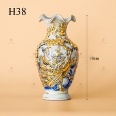 Lọ Hoa Miệng Lượn Men Hoàng Tộc Vẽ Vàng Họa Tiết Công Đào