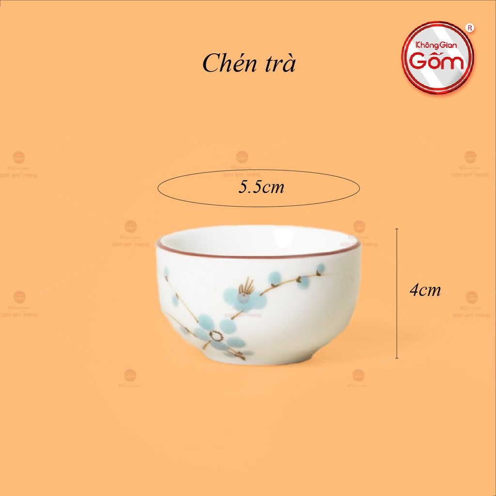 Bộ Ấm Chén Vai Cao Men Kem Vẽ Sen Xanh