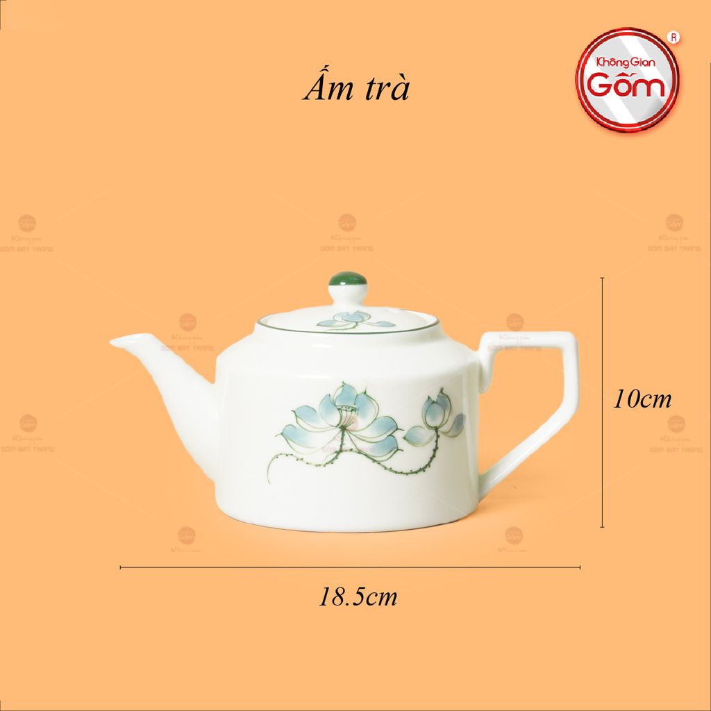 Bộ Ấm Chén Vai Cao Men Kem Vẽ Sen Xanh
