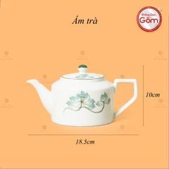 Bộ Ấm Chén Vai Cao Men Kem Vẽ Sen Xanh