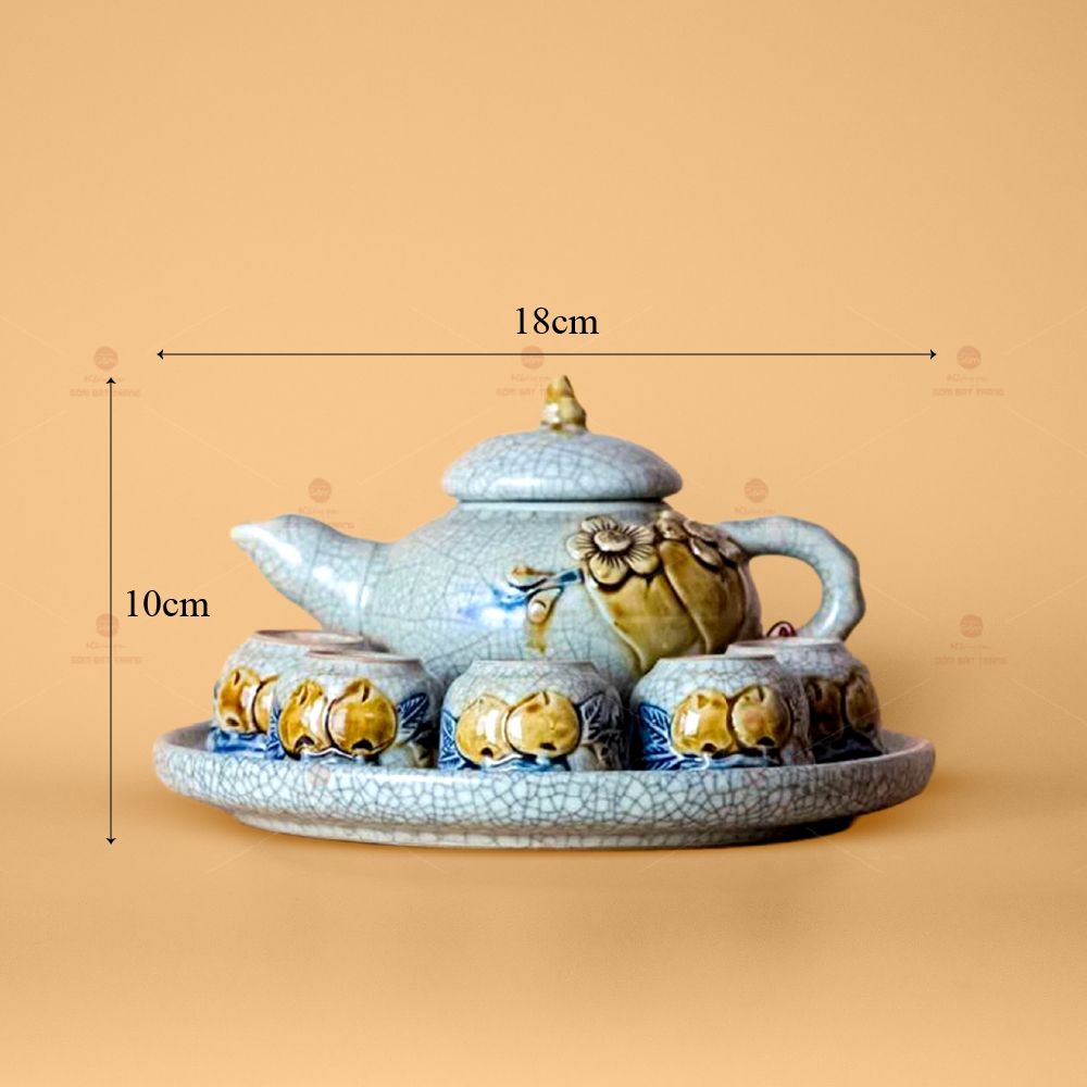 Bộ Ấm 5 Chén Thờ Men Rạn Nổi Họa Tiết Hoa Đào