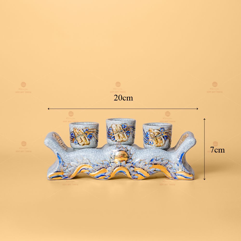Bộ Kỷ Ngai 3 Chén Thờ Men Rạn Vẽ Vàng
