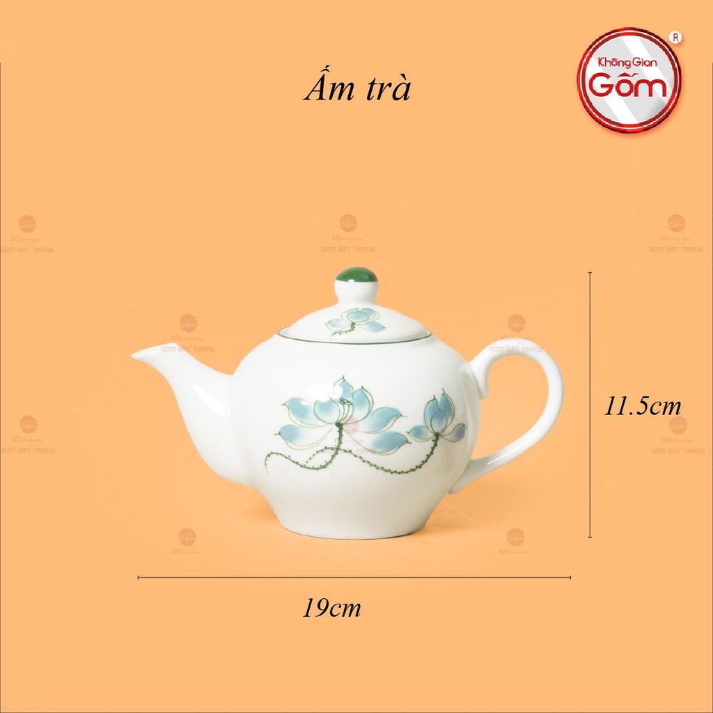 Bộ Ấm Chén Tròn Men Kem Vẽ Sen Xanh