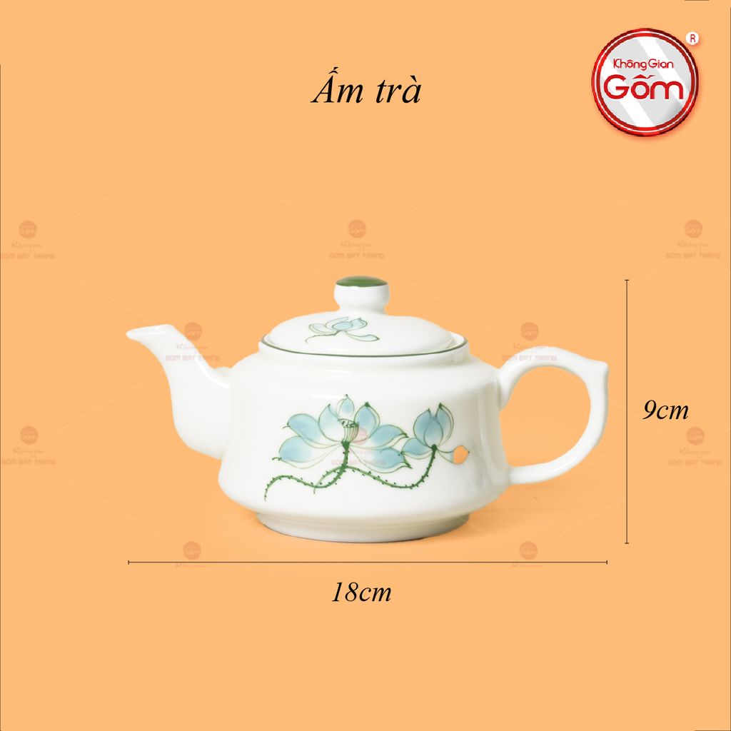 Bộ Ấm Chén Vai Vuông Men Kem Vẽ Sen Xanh
