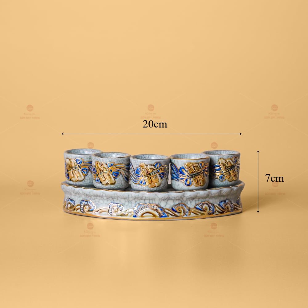 Bộ Kỷ 5 Chén Thờ Cúng Men Rạn Vẽ Vàng Đế Cong