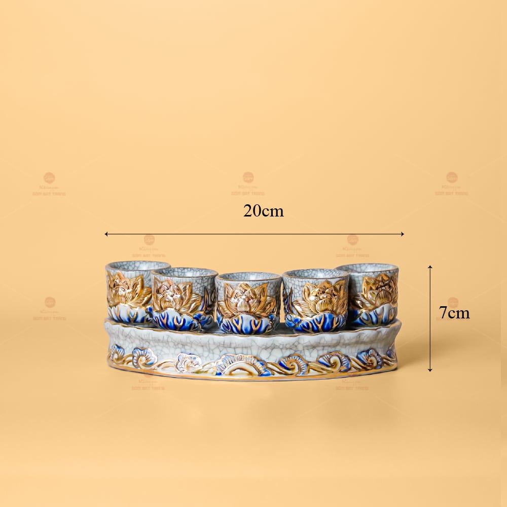 Bộ Kỷ 5 Chén Thờ Cúng Men Rạn Vẽ Vàng Đế Cong