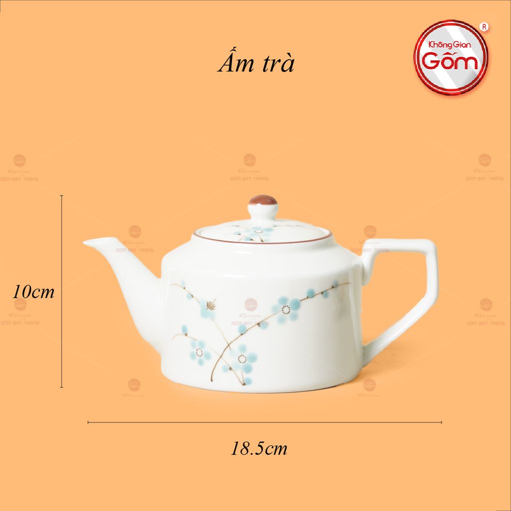 Bộ Ấm Chén Vai Cao Men Kem Vẽ Đào Xanh